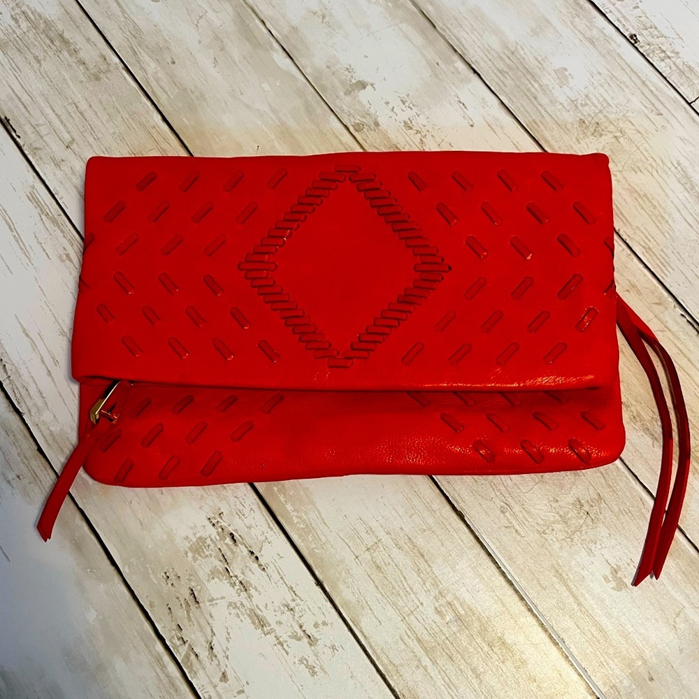 Christopher Kon Vintage Ostrich Embossed Leather Foldover Clutch Red - Picture 2 of 11
